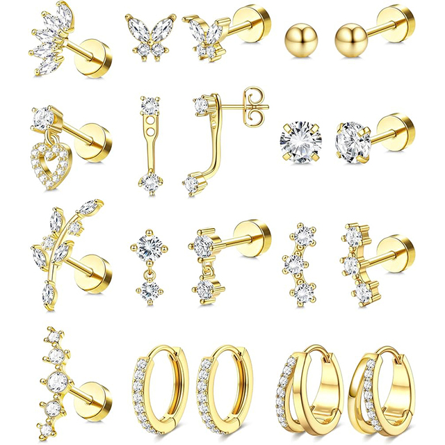 18K Real Gold Plated Stainless Steel 20G Small Huggie Hoop Earrings Flat Back Hypoallergenic Cartilage Helix Piercing Jewelry