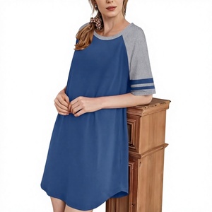 Vestido Camisero Largo de Mujer con Bloques de Color y Manga Raglán, Cuello Redondo, Ajuste Holgado, Tejido Casual 100% Algodón para Primavera/Verano - Product Image 3
