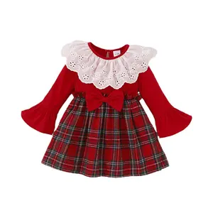 Sweet 1-2t baby red plaid Christmas dress flare sleeve red dresses for toddler girl bow dress