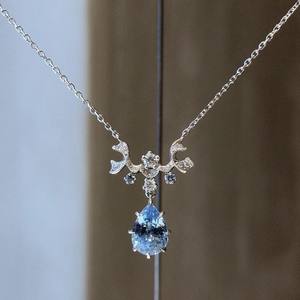 S925 Pure <b>Silver</b> French Retro Court Style Blue Water Droplet <b>Necklace</b> High-End <b>Chains</b> with Niche Temperament - Product Image 1
