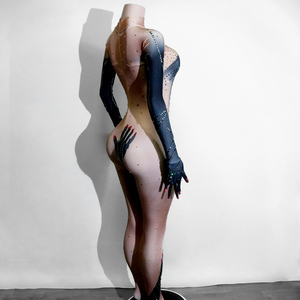 Catsuit Sexy in Cotone Spandex con Stampa Mani Nude e Strass per Donna, Ideale per Festival Elettronici, Danza, Servizi Fotografici, Star del Pop e Sfilate sul Palco - Product Image 4
