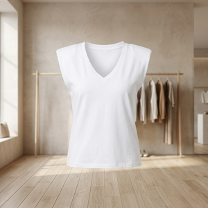 Camiseta Mybeefashion para Mujer, Cuello en V, Hombros Acolchados, Jersey Sólido 100% Algodón, Manga Corta, Corte Regular, Color Blanco Crisp, Estilo Casual - Product Image 2