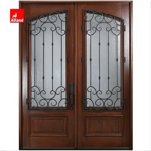 Oak porta exterior de madeira balanço, porta de madeira com ferro forjado com vidro para casa
