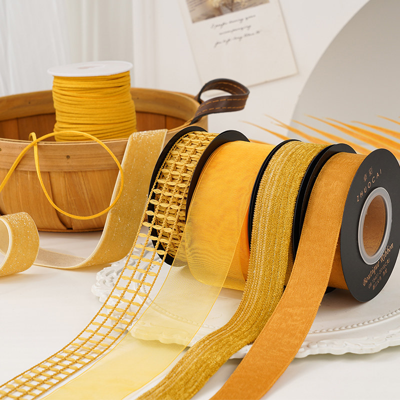 Ginger Yellow Satin Gift Wrapping Ribbon Handmade DIY Bow Ribbon for Floral Bouquet Party Gift Box Decoration