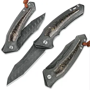 High Quality 73 Layers Damascus Steel Color Stabilized Wood Damascus handle Folding Knife