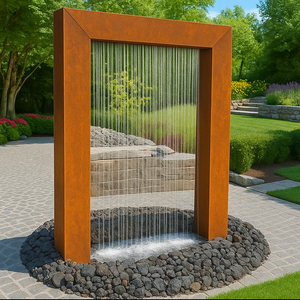 Fontaine sculpturale <span class=keywords><strong>contemporaine</strong></span> en acier Corten pour <span class=keywords><strong>jardin</strong></span>, fontaine demi-circulaire en métal rouillé - Product Image 2