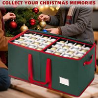 Boîte de rangement pour décorations de Noël imperméable avec séparateurs, capacité de 128 décorations de 3 pouces, organisateur à double fermeture éclair, poches supplémentaires en tissu