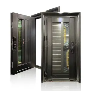 Top quality soundproof stainless steel tempered clear glass Multi-point lock security door for villa