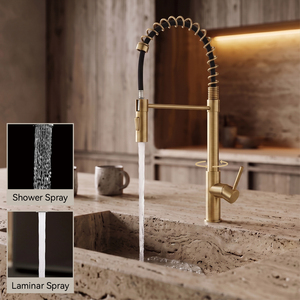 Grifo de Cocina Flexible con Rociador en Cascada, Acero Inoxidable 304, Acabado Dorado Cepillado, Mezclador de Agua Fría y Caliente CC295-GBG - Product Image 1
