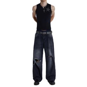 Jean cargo baggy droit tendance de haute qualité, noir délavé, en denim épais déchiré aux genoux, taille basse, coupe ample - Product Image 3