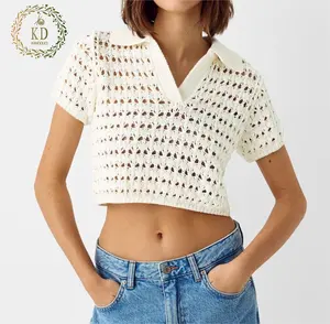 KD Knitwear Fabricante com logotipo personalizável padrão de malha de verão de algodão aberta camisa polo de manga curta suéter feminino