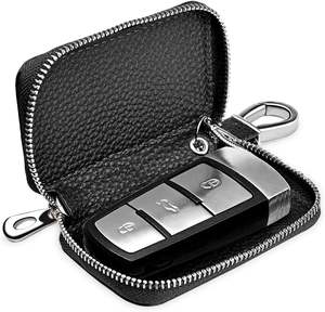 Funda de cuero genuino <span class=keywords><strong>OEM</strong></span> para llave de coche, delgada, con gancho metálico y llavero, bolsa con cremallera para mando a distancia - Product Image 2