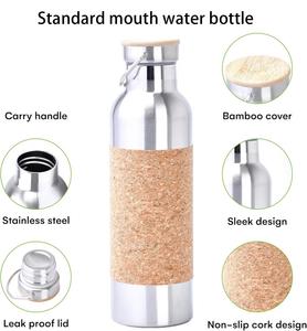 Gourde isotherme en métal à double paroi avec logo personnalisé, isolation sous vide, bouteille d'eau de yoga antidérapante avec manchon en liège fin détachable - Product Image 3