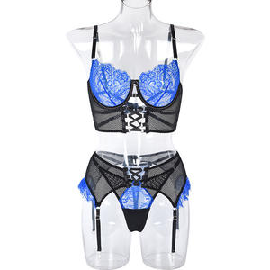 Ropa interior sexy para mujer, conjunto de 3 piezas de encaje de retazos, sujetador largo, lencería transparente bonita - Product Image 5