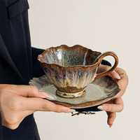 Tasse à café et soucoupe en céramique émaillée en forme de pétale, poterie artisanale rétro, mug pour le thé de l'après-midi
