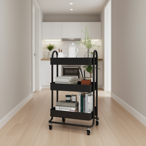 Carrito de acero negro de 3 niveles, carrito de almacenamiento con ruedas de 16,9x13,4x31,1 pulgadas para organización del hogar y la oficina, diseño minimalista - Product Image 2