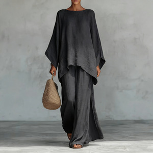 Women <b>Linen</b> Blend Knitted <b>Two</b> <b>Piece</b> Set Oversized Shirt Wide Leg Pants Casual Summer Outfit Quick Dry - Product Image 4