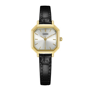 Petite plaque carrée polygonale rétro simple avec tempérament tendance Montre à quartz en cuir véritable étanche à petit cadran - Product Image 3