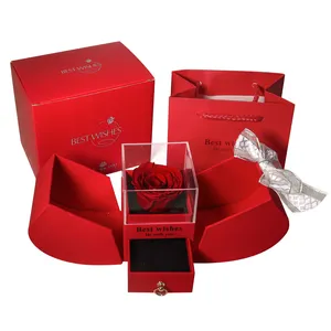 Kotak perhiasan akrilik mawar alami untuk ibu wanita, hadiah Hari Valentine Natal bentuk Apple bunga mawar abadi