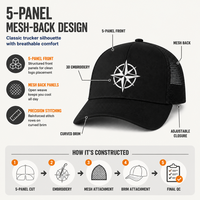 Gorras Trucker Personalizadas Bordadas, 5 Paneles, Malla Trasera Estructurada, Diseño 3D en Relieve de Rosa de los Vientos, Negras y Blancas, Gorras para Exteriores, Venta al Por Mayor