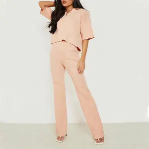 Pakaian Wanita Loungewear Logo Kustom Kemeja Polo Rajut Premium dan Celana Panjang Set Fashion Satu Potong Celana untuk Wanita