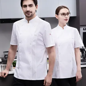 Hotel de 5 estrellas verano primavera a prueba de decoloración personal Chef abrigo para hombres mujeres algodón fino comedor camarero uniforme blanco Chef