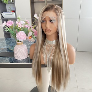 Perruques synthétiques 13x4 HD Lace Front, marron avec mèches blondes, longues, soyeuses, ondulées, transparentes, résistantes à la chaleur, sans colle, pour usage quotidien - Product Image 4