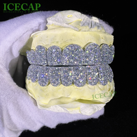 Grillz dentaire Hip Hop personnalisé 8 sur 8 en argent 925 plaqué or blanc, avec moissanite VVS à coupe profonde et pierres grandes, style 'Ice Out', pour rappeur