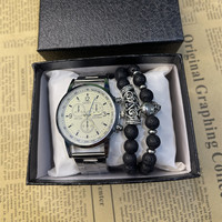 Ensemble de montre et bracelet pour homme en alliage et titane, bleu clair, trois aiguilles, style décontracté, classique, minimaliste, 3 pièces