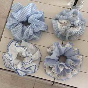 Coleteros elásticos azules a cuadros para mujer, accesorios de goma para el pelo, coleteros para cola de caballo, lazos de encaje grandes, anillos para el pelo - Product Image 1