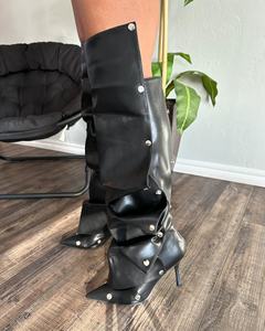 SHIKOL sıcak pembe turuncu Metal perçinler gevşek pilili ayakkabı kadın çizmeler yüksek topuklu özel lüks uzun çizmeler bayanlar diz yüksek çizmeler - Product Image 4