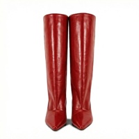 Style occidental femmes tirer sur les bottes hautes surdimensionné large mollet huilé PU bout pointu 4CM chaton talon Slouch