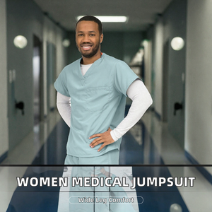 Haut de blouse médicale personnalisé pour homme, col en V, manches courtes, avec poche poitrine, effet superposé manches longues, vente en gros - Product Image 2