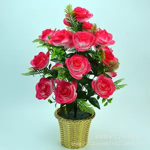 Valiruso-flores decorativas artificiales, rosas artificiales con hojas de 18 cabezas, ramo de rosas rojas de seda, venta al por mayor