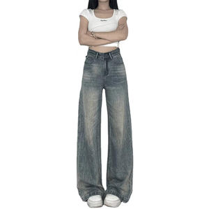 Celana <span class=keywords><strong>Jeans</strong></span> Retro Amerika untuk Wanita di Musim Gugur, Model Baru untuk Wanita Bertubuh Gemuk, Pinggang Tinggi, Longgar, Ramping, dan Santai dengan Potongan Kaki Lebar - Product Image 1