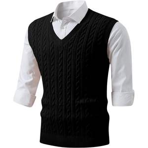 Custom <b>Men's</b> Casual Sleeveless Cable Striped <b>Knit</b> V-Neck Pullover Wool Polyester <b>Waistcoat</b> Cotton Filling Logo Outer Wear - Product Image 3