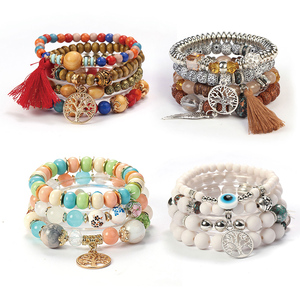 Pulseira de palavras de desenho de joias de marca de moda árvore da vida contas de vidro elásticas feitas à mão com cordão ajustável - Product Image 1