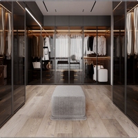 Armoire de rangement sur mesure pour dressing, chambre à coucher, combinaison de placards, du sol au plafond, ouverte, porte en verre