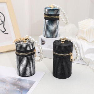Nouvelle Pochette à Rouge à Lèvres Cylindrique Mini en PU avec Strass, Trousse à Monnaie Portable Simple et Tendance pour Femme avec Fermeture Éclair et Porte-clés - Product Image 1