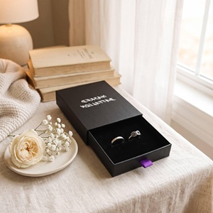 Elegante caja para anillos, caja de embalaje personalizada con cajón, hecha de cartón rígido y color marfil, para embalaje de regalo de joyería, venta al por mayor. - Product Image 2