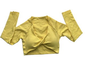 Top de Yoga para Mujer, Amarillo, Cuello Cruzado, Manga Tres Cuartos, Transpirable, Mezcla de Algodón y Spandex, Diseño Drapeado con Torsión Frontal - Product Image 3