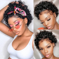 Perruque Courte Pixie Pas Chère 13x1 Lace Frontale T Part Cheveux Humains Coupe Pixie Bob Densité 180% Perruque Bouclée Coupe Pixie
