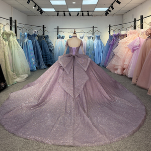 Robe de bal longue couleur bonbon violet avec appliques à sequins, volants, perles scintillantes et cristaux, décolleté cœur naturel Dy1522 - Product Image 3