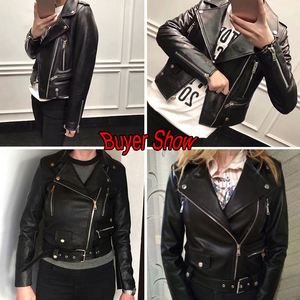 Nouvelle mode 2019 pour femmes, veste biker à col rabattu, veste en simili cuir noir, fermeture éclair, manteau basique M0354 - Product Image 3