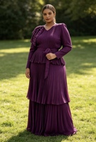 Robe plissée grande taille pour femme, manches longues, avec nœud décoratif, ceinture à la taille, robe à volants superposés, robe de soirée formelle pour femme