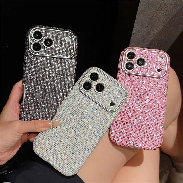 Full Screen Glitter Sequins Rhinestones Phone Case for iPhone 18Pro 17 16 15 Pro Max Sparkling Diamond Lens Camera Protect Cover