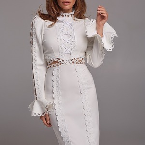 <b>White</b> <b>Lace</b> Trim Midi Dress O-Neck Cut-Out Natural Waistline Wedding Dress - Product Image 1
