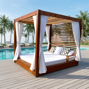 Cama de Día de Madera Personalizable de Estilo Costero para Exteriores, Pérgola con Toldo y Cortina, Muebles de Descanso para Patio y Piscina - Product Image 2
