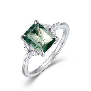 Anello con Agata Muschiata Naturale Taglio Smeraldo in Argento <span class=keywords><strong>Sterling</strong></span> 925 con Design a Foglia, Gioiello di Fidanzamento Vintage da Donna, Idea Regalo - Product Image 1