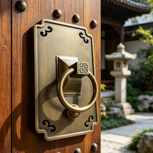 Nuova Maniglia a Anello per Porta in Ottone Anticato Stile Cinese con Piastra Rettangolare Incisa per Showroom di Materiali Edili e Showroom di Porte - Product Image 3
